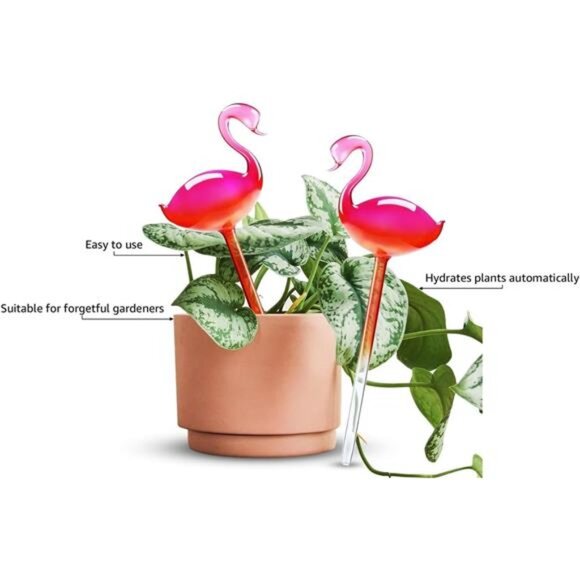 Self-Watering Glass Globes 2PCS Flamingo Gradient Hot Pink 10" Long Hand Blown - Picture 4 of 7